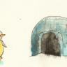 Igloo with penguin (watercolor on paper)