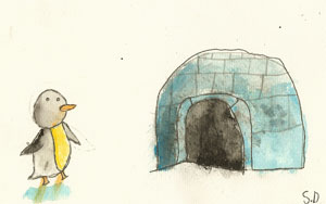 Igloo with penguin (watercolor on paper)